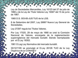 4
Ley de Sociedades Mercantiles, Ley 16123 del 27 de julio de
1966 y de la Ley de Título Valores Ley 16587 del 15 de junio
de 1967.
1985 D.S. 003-85-JUS TUO de la LGS.
8 de Setiembre del 2007, Ley 26887 Nueva Ley General de
Sociedades.
Ley 27287 regula los Títulos Valores.
Por Ley 17020, 29 de mayo de 1968 se creó la Comisión
Nacional de Valores, encargada de la reglamentación
supervigilancia del mercado bursátil. Siendo reemplazada
por el D.Ley 18302.
1981 D.Leg Ley Normativa del mercado bursátil.
30/12/1195 se promulgó el D.Ley 26126 TUO de la Ley
Orgánica de la CONASEV
 