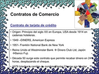 46
Contrato de tarjeta de crédito
• Origen: Principio del siglo XX en Europa, USA desde 1914 en
cadenas hoteleras.
• 1949 –DINERS, American Express
• 1951- Franklin National Bank de New York
• Reino Unido el Westminster Bank  Diners Club Ltd, Japón
Banco Fuji.
• Década 50 surge este contrato que permite recabar dinero en 24
horas, desplazando el cheque.
• 1979 Interbank cambio de nombre Master Charge por Master
Card.
Contratos de Comercio
 