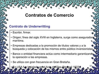 57
Contratos de Comercio
Contrato de Underwritting
• Escribir, firmar.
• Origen; fines del siglo XVIII en Inglaterra, surge como aseguradora
marítima.
• Empresas dedicadas a la promoción de títulos valores y a la
búsqueda y colocación de los mismos entre público inversionistas.
• Banco o entidad financiera actúa como intermediario garantizando
la operación e las empresas.
• Se utiliza con gran frecuencia en Gran Bretaña.
• En USA fue legislado en el Acta de Glas Steagail 1933.
 