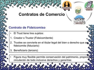 62
Contratos de Comercio
Contrato de Fideicomiso
• El Trust tiene tres sujetos:
1. Creator o Trustor (Fideicomitente)
2. Trustee se convierte en el titular legal del bien o derecho que se
fideicomite (fiduciario)
3. Beneficiario (tercero)
• Figura muy flexible permite conservación del patrimonio, propicia
circulación de todo inclusive derechos y garantías
 