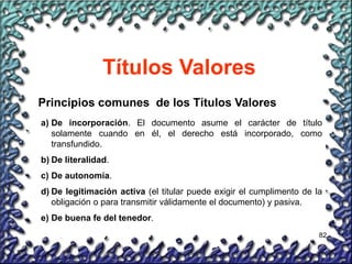 82
Títulos Valores
Principios comunes de los Títulos Valores
a) De incorporación. El documento asume el carácter de título
solamente cuando en él, el derecho está incorporado, como
transfundido.
b) De literalidad.
c) De autonomía.
d) De legitimación activa (el titular puede exigir el cumplimento de la
obligación o para transmitir válidamente el documento) y pasiva.
e) De buena fe del tenedor.
 