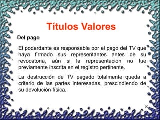 90
Títulos Valores
Del pago
El poderdante es responsable por el pago del TV que
haya firmado sus representantes antes de su
revocatoria, aún si la representación no fue
previamente inscrita en el registro pertinente.
La destrucción de TV pagado totalmente queda a
criterio de las partes interesadas, prescindiendo de
su devolución física.
 