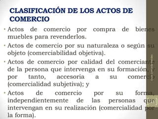 CLASIFICACIÓN DE LOS ACTOS DE
COMERCIO

Licda. Leonarda Méndez

• Actos de comercio por compra de bienes
muebles para revenderlos.
• Actos de comercio por su naturaleza o según su
objeto (comerciabilidad objetiva).
• Actos de comercio por calidad del comerciante
de la persona que intervenga en su formación, y
por
tanto,
accesoria
a
su
comercio
(comercialidad subjetiva); y
• Actos
de
comercio
por
su
forma,
independientemente de las personas que
11
intervengan en su realización (comercialidad por
la forma).

 