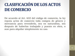 De acuerdo al Art. 632 del código de comercio, la ley
reputa actos de comercio toda compra de género y
mercancía para revenderla, sea en naturaleza, sea
después de haberlos trabajado y puesto en obra, o
aun para alquilar simplemente su uso.

Licda. Leonarda Méndez

CLASIFICACIÓN DE LOS ACTOS
DE COMERCIO

13

 