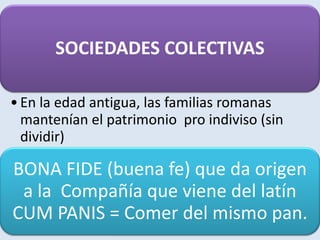 SOCIEDADES COLECTIVAS

• En la edad antigua, las familias romanas
  mantenían el patrimonio pro indiviso (sin
  dividir)

BONA FIDE (buena fe) que da origen
 a la Compañía que viene del latín
CUM PANIS = Comer del mismo pan.
 