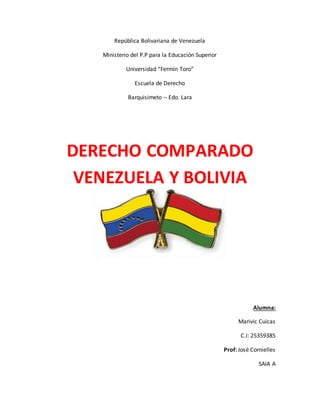 República Bolivariana de Venezuela
Ministerio del P.P para la Educación Superior
Universidad “Fermín Toro”
Escuela de Derecho
Barquisimeto – Edo. Lara
DERECHO COMPARADO
VENEZUELA Y BOLIVIA
Alumna:
Marivic Cuicas
C.I: 25359385
Prof: José Cornielles
SAIA A
 