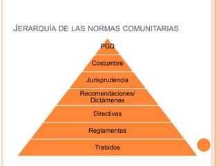 JERARQUÍA DE LAS NORMAS COMUNITARIAS
                   PGD

                 Costumbre

               Jurisprudencia

              Recomendaciones/
                 Dictámenes

                 Directivas

                Reglamentos

                  Tratados
 