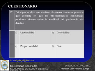27
CUESTIONARIO
27
Universidad San Pedro
FACULTAD DE DERECHO Y CIENCIAS
DERECHO CONCURSAL
Profesor: José Antonio Zúñiga
 zunigalegal@live.com
07 Principio jurídico que sostiene el sistema concursal peruano
que consiste en que los procedimientos concursales
producen efectos sobre la totalidad del patrimonio del
deudor:
a) Universalidad b) Colectividad
c) Proporcionalidad d) N.A.
 