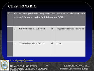 40
CUESTIONARIO
40
Universidad San Pedro
FACULTAD DE DERECHO Y CIENCIAS
DERECHO CONCURSAL
Profesor: José Antonio Zúñiga
 zunigalegal@live.com
20 No es una probable respuesta del deudor al absolver una
solicitud de un acreedor de iniciarse un PCO:
a) Simplemente no contestar b) Pagando la deuda invocada
c) Allanándose a la solicitud d) N.A.
 