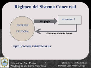 7
Universidad San Pedro
FACULTAD DE DERECHO Y CIENCIAS
Régimen del Sistema Concursal
EMPRESA
DEUDORA
Ejerce Acción de Cobro
No paga
Acreedor 1
EJECUCIONES INDIVIDUALES
DERECHO CONCURSAL
Profesor: José Antonio Zúñiga
 