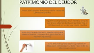 PATRIMONIO DEL DEUDOR
Consiste en el Conjunto de Activos y Pasivos a titulo del
Comerciante (Deudor)
Aun cuando no es liquido en su totalidad, este puede
hacerse cuando las circunstancias o ejecuciones así lo
requieran (liquidación)
Sirve de Garantía (prenda) común, para todas las
obligaciones contraídas por su titular y para todos los
diferentes acreedores
El patrimonio la propiedad de un individuo, como sea
que la haya adquirido. Desde este punto de vista, el
individuo puede ser una persona natural o jurídica
 