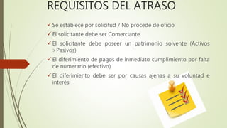 REQUISITOS DEL ATRASO
 Se establece por solicitud / No procede de oficio
 El solicitante debe ser Comerciante
 El solicitante debe poseer un patrimonio solvente (Activos
>Pasivos)
 El diferimiento de pagos de inmediato cumplimiento por falta
de numerario (efectivo)
 El diferimiento debe ser por causas ajenas a su voluntad e
interés
 