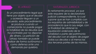 EL ATRASO
Es un procedimiento legal que
tiene por objeto que el deudor
y acreedor lleguen a un
acuerdo, este procedimiento
se produce cuando un
comerciante no puede pagar
la totalidad de las deudas que
ha contraído por no disponer
de dinero. La petición de
atraso también se puede
realizar de forma autónoma o
como defensa ante una
demanda por quiebra.
NATURALEZA JURIDICA
Es netamente procesal, ya que
este requiere de la declaratoria
judicial correspondiente, la cual
supone que se han cumplido con
los requisitos de admisibilidad y de
procedencia que la Ley exige, con
la finalidad de obtener la
liquidación ordenada de la
totalidad o parte del patrimonio
del deudor con el objeto de pagar
todas sus deudas o al menos las
dos terceras partes de las mismas.
 
