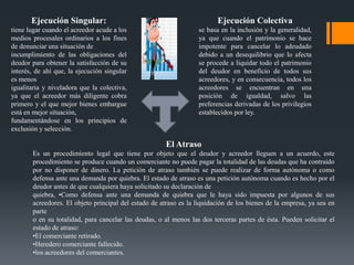 Ejecución Singular:
tiene lugar cuando el acreedor acude a los
medios procesales ordinarios a los fines
de denunciar una situación de
incumplimiento de las obligaciones del
deudor para obtener la satisfacción de su
interés, de ahí que, la ejecución singular
es menos
igualitaria y niveladora que la colectiva,
ya que el acreedor más diligente cobra
primero y el que mejor bienes embargue
está en mejor situación,
fundamentándose en los principios de
exclusión y selección.
Ejecución Colectiva
se basa en la inclusión y la generalidad,
ya que cuando el patrimonio se hace
impotente para cancelar lo adeudado
debido a un desequilibrio que lo afecta
se procede a liquidar todo el patrimonio
del deudor en beneficio de todos sus
acreedores, y en consecuencia, todos los
acreedores se encuentran en una
posición de igualdad, salvo las
preferencias derivadas de los privilegios
establecidos por ley.
El Atraso
Es un procedimiento legal que tiene por objeto que el deudor y acreedor lleguen a un acuerdo, este
procedimiento se produce cuando un comerciante no puede pagar la totalidad de las deudas que ha contraído
por no disponer de dinero. La petición de atraso también se puede realizar de forma autónoma o como
defensa ante una demanda por quiebra. El estado de atraso es una petición autónoma cuando es hecho por el
deudor antes de que cualquiera haya solicitado su declaración de
quiebra, •Como defensa ante una demanda de quiebra que le haya sido impuesta por algunos de sus
acreedores. El objeto principal del estado de atraso es la liquidación de los bienes de la empresa, ya sea en
parte
o en su totalidad, para cancelar las deudas, o al menos las dos terceras partes de ésta. Pueden solicitar el
estado de atraso:
•El comerciante retirado.
•Heredero comerciante fallecido.
•los acreedores del comerciantes.
 