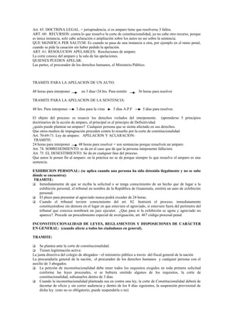 Art. 43: DOCTRINA LEGAL. = jurisprudencia, si es amparo tiene que resolverse 3 fallos.
ART. 60: RECURSOS: contra lo que resuelve la corte de constitucionalidad, ya no cabe otro recurso, porque
es única instancia, solo cabe aclaración o ampliación sobre los autos no así sobre la sentencia.
QUE SIGNIFICA PER SALTUM: Es cuando se pasa de una instancia a otra, por ejemplo en el ramo penal,
cuando se pide la casación sin haber pedido la apelación.
ART. 61: RESOLUCION APELABLES: Resoluciones de amparo
La corte conoce del amparo y la sala de las apelaciones.
QUIENES PUEDEN APELAR:
Las partes, el procurador de los derechos humanos, el Ministerio Público.



TRAMITE PARA LA APELACION DE UN AUTO:

48 horas para interponer       en 3 días+24 hrs. Para remitir       36 horas para resolver

TRAMITE PARA LA APELACION DE LA SENTENCIA:

48 hrs. Para interponer.    3 días para la vista    5 días A.P.F       5 días para resolver.

El objeto del proceso: es resarcir los derechos violados del interponente. (aprenderse 5 principios
doctrinarios de la acción de amparo, el principal es el principio de Definitividad.
¿quién puede plantear un amparo? Cualquier persona que se sienta afectado en sus derechos.
Que otros medios de impugnación proceden contra lo resuelto por la corte de constitucionalidad
Art. 70-69-71. Ley de amparo: APELACION Y ACLARACION:
 TRAMITE:
24 horas para interponer      48 horas para resolver = son sentencias porque resuelven un amparo.
Art. 74. SOBRESEIMIENTO: se da en el caso que de que la persona inteponente falleciere
Art. 75. EL DESESTIMIENTO: Se da en cualquier fase del proceso.
Que autos le ponen fin al amparo: en la práctica no se da porque siempre lo que resuelve el amparo es una
sentencia.

EXHIBICION PERSONAL: (se aplica cuando una persona ha sido detenida ilegalmente y no se sabe
dónde se encuentra):
TRAMITE:
 Inmediatamente de que se reciba la solicitud o se tenga conocimiento de un hecho que de lugar a la
   exhibición personal, el tribunal en nombre de la República de Guatemala, emitirá un auto de exhibición
   personal.
 El plazo para presentar al agraviado nunca podrá exceder de 24 horas.
 Cuando el tribunal tuviere conocimiento del art. 82. Instruirá el proceso, inmediatamente
   constituyéndose sin demora en el lugar en que estuviere el agraviado, si estuviere fuera del perímetro del
   tribunal que conozca nombrará un juez ejecutor. ¿Que pasa si la exhibición se agota y agraviado no
   aparece?. Procede un procedimiento especial de averiguación, art. 467 código procesal penal.

INCONSTITUCIONALIDAD DE LEYES, REGLAMENTOS Y DISPOSICIONES DE CARÁCTER
EN GENERAL: (cuando afecte a todos los ciudadanos en general).

TRAMITE:

   Se plantea ante la corte de constitucionalidad.
   Tienen legitimación activa:
La junta directiva del colegio de abogados—el ministerio público a través del fiscal general de la nación
La procuraduría general de la nación, el procurador de los derechos humanos y cualquier persona con el
auxilio de 3 abogados.
 La petición de inconstitucionalidad debe tener todos los requisitos exigidos en toda primera solicitud
    conforme las leyes procesales, si se hubiera omitido algunos de los requisitos, la corte de
    constitucionalidad, subsanarlos dentro de 3 días.
 Cuando la inconstitucionalidad planteada sea en contra una ley, la corte de Constitucionalidad deberá de
    decretar de oficio y sin correr audiencia y dentro de los 8 días siguientes, la suspensión provisional de
    dicha ley. (esto no es obligatorio, puede suspenderla o no)
 
