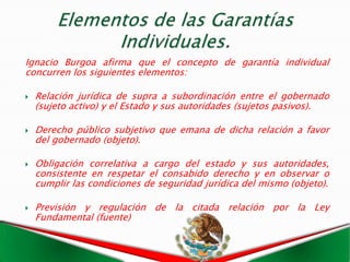 Ignacio Burgoa afirma que el concepto de garantía individual
concurren los siguientes elementos:

   Relación jurídica de supra a subordinación entre el gobernado
    (sujeto activo) y el Estado y sus autoridades (sujetos pasivos).

   Derecho público subjetivo que emana de dicha relación a favor
    del gobernado (objeto).

   Obligación correlativa a cargo del estado y sus autoridades,
    consistente en respetar el consabido derecho y en observar o
    cumplir las condiciones de seguridad jurídica del mismo (objeto).

   Previsión y regulación de la citada relación por la Ley
    Fundamental (fuente)
 