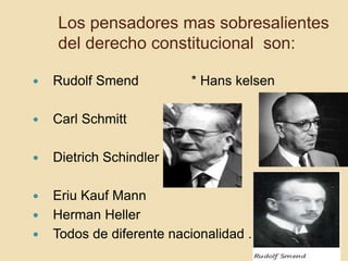 Los pensadores mas sobresalientes 
del derecho constitucional son: 
 Rudolf Smend * Hans kelsen 
 Carl Schmitt 
 Dietri...