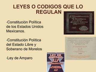 LEYES O CODIGOS QUE LO 
REGULAN 
•Constitución Política 
de los Estados Unidos 
Mexicanos. 
•Constitución Política 
del Es...