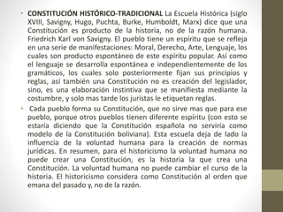 • CONSTITUCIÓN HISTÓRICO-TRADICIONAL La Escuela Histórica (siglo 
XVIII, Savigny, Hugo, Puchta, Burke, Humboldt, Marx) dic...