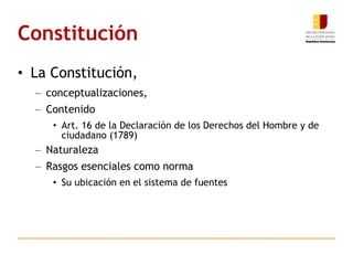 Constitución La Constitución,  conceptualizaciones,  Contenido  Art. 16 de la Declaración de los Derechos del Hombre y de ciudadano (1789) Naturaleza  Rasgos esenciales como norma Su ubicación en el sistema de fuentes 