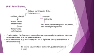 19-El Referéndum
Modo de participación de los
ciudadanos
(política estatal)
Nuevas formas
de democracia
Democracias
participativas
en
llamadas
A diferencia del
plebiscito
Solo busca conocer la opinión del pueblo,
pero no obligar al gobierno
• El referéndum fue formulado en su aplicación, como modo de confirmar o repeler
textos normativos, o actos gubernamentales
• En el referéndum, el pueblo se expresa por SI o por NO, pero puede referirse a
varios contenidos
En cuanto a su ámbito de aplicación, puede ser nacional
o local
 
