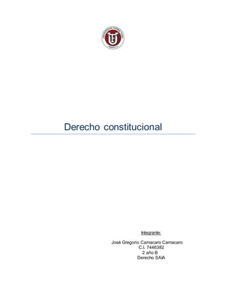 Derecho constitucional
Integrante:
José Gregorio Camacaro Camacaro
C.I. 7446382
2 año B
Derecho SAIA
 