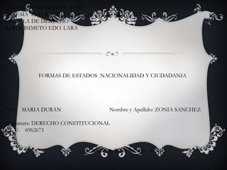 UNIVERSIDAD FERMIN TORO
SISTEMA INTERACTIVO EDUCACION A DISTANCIA SAIA
ESCUELA DE DERECHO
BARQUISIMETO EDO. LARA
FORMAS DE ESTADOS NACIONALIDAD Y CIUDADANIA
Prof. MARIA DURAN Nombre y Apellido: ZONIA SANCHEZ
Asignatura: DERECHO CONSTITUCIONAL
C.I. V- 6962673
Charallave, 26 de Febrero de 2015
 
