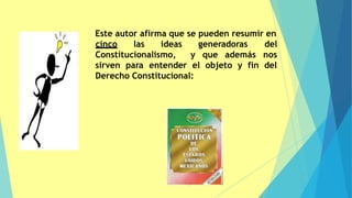 10
Este autor afirma que se pueden resumir en
Constitucionalismo, y que además
cinco las ideas generadoras del
nos
sirven para entender el objeto y fin del
Derecho Constitucional:
 