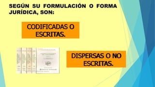 SEGÚN SU FORMULACIÓN O FORMA
JURÍDICA, SON:
CODIFICADAS O
ESCRITAS.
DISPERSAS O NO
ESCRITAS.
 