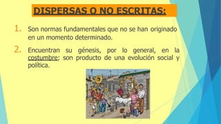 DISPERSAS O NO ESCRITAS:
1. Son normas fundamentales que no se han originado
en un momento determinado.
2. Encuentran su génesis, por lo general, en la
costumbre; son producto de una evolución social y
política.
 