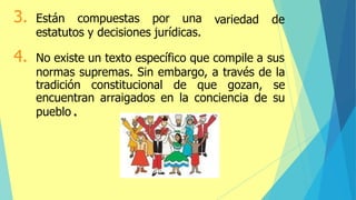 variedad de
3. Están compuestas por una
estatutos y decisiones jurídicas.
4. No existe un texto específico que compile a sus
normas supremas. Sin embargo, a través de la
tradición constitucional de que gozan, se
encuentran arraigados en la conciencia de su
pueblo .
 