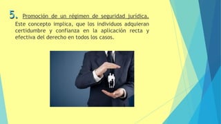 5. Promoción de un régimen de seguridad jurídica.
Este concepto implica, que los individuos adquieran
certidumbre y confianza en la aplicación recta y
efectiva del derecho en todos los casos.
15
 