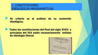  Su criterio es el análisis de su contenido
ideológico;
 Todas las constituciones del final del siglo XVIII y
principios del XIX están necesariamente teñidas
de ideología liberal;
1. CONSTITUCIONES
IDEOLÓGICAS-PROGRAMÁTICAS:
 