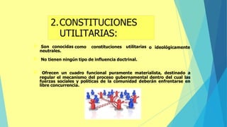 como constituciones utilitarias o ideológicamente
 Son conocidas
neutrales.
 No tienen ningún tipo de influencia doctrinal.
 Ofrecen un cuadro funcional puramente materialista, destinado a
regular el mecanismo del proceso gubernamental dentro del cual las
fuerzas sociales y políticas de la comunidad deberán enfrentarse en
libre concurrencia.
UTILITARIAS:
 