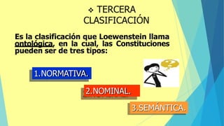 1.NORMATIVA.
2.NOMINAL.
3.SEMÁNTICA.
Es la clasificación que Loewenstein llama
ontológica, en la cual, las Constituciones
pueden ser de tres tipos:
 