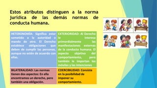 17
Estos atributos distinguen a la norma
normas de
jurídica de las demás
conducta humana.
HETERONOMÍA: Significa estar
sometido a la autoridad o
mando de otro. El Derecho
establece obligaciones que
deben de cumplir las personas,
aunque no estén de acuerdo con
ellas.
EXTERIORIDAD: Al Derecho
le interesa
primordialmente las
manifestaciones externas
de la conducta humana. El
aspecto objetivo del
comportamiento, pero
también le importan los
móviles y las intenciones
BILATERALIDAD: Las normas
tienen dos aspectos: En ella
encontramos un derecho, pero
también una obligación.
COERCIBILIDAD: Consiste
en la posibilidad de
imponer su
comportamiento.
 
