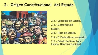 2.- Origen Constitucional del Estado
2.1.- Concepto de Estado.
2.2.- Elementos del
Estado.
2.3.- Tipos de Estado.
2.4.- El Federalismo en México.
2.5.- Estado de Derecho y
Estado Neoconstitucional.
 