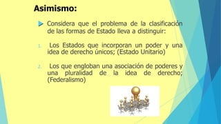  Considera que el problema de la clasificación
de las formas de Estado lleva a distinguir:
1. Los Estados que incorporan un poder y una
idea de derecho únicos; (Estado Unitario)
2. Los que engloban una asociación de poderes y
una pluralidad de la idea de derecho;
(Federalismo)
Asimismo:
 
