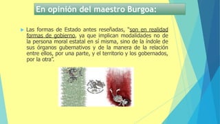 En opinión del maestro Burgoa:
 Las formas de Estado antes reseñadas, “son en realidad
formas de gobierno, ya que implican modalidades no de
la persona moral estatal en sí misma, sino de la índole de
sus órganos gubernativos y de la manera de la relación
entre ellos, por una parte, y el territorio y los gobernados,
por la otra”.
 