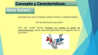 Concepto y Características:
Considera que entre el Estado Unitario Central y el Estado Federal:
“No hay diferencias esenciales”
Sino que ambas formas divergen en cuanto al grado de
descentralización, siendo más acentuada ésta, en el segundo que en
el primero.
Hans Kelsen.
 