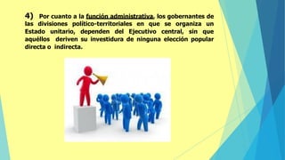 4) Por cuanto a la función administrativa, los gobernantes de
las divisiones político-territoriales en que se organiza un
Estado unitario, dependen del Ejecutivo central, sin que
aquéllos deriven su investidura de ninguna elección popular
directa o indirecta.
 