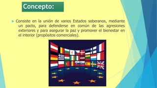 Concepto:
 Consiste en la unión de varios Estados soberanos, mediante
un pacto, para defenderse en común de las agresiones
exteriores y para asegurar la paz y promover el bienestar en
el interior (propósitos comerciales).
 