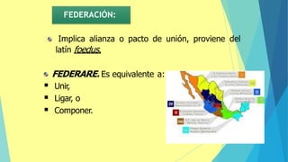 FEDERACIÓN:
Implica alianza o pacto de unión, proviene del
latín foedus.
FEDERARE. Es equivalente a:
▪ Unir,
▪ Ligar, o
▪ Componer.
 