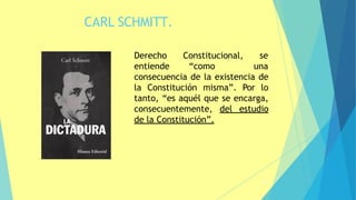 CARL SCHMITT.
27
Derecho
entiende
Constitucional, se
“como una
consecuencia de la existencia de
la Constitución misma”. Por lo
tanto, “es aquél que se encarga,
consecuentemente, del estudio
de la Constitución”.
 