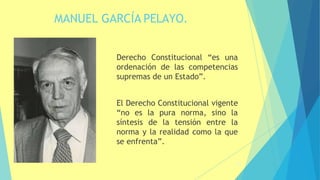 MANUEL GARCÍA PELAYO.
Derecho Constitucional “es una
ordenación de las competencias
supremas de un Estado”.
El Derecho Constitucional vigente
“no es la pura norma, sino la
síntesis de la tensión entre la
norma y la realidad como la que
se enfrenta”.
30
 