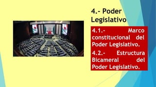 4.- Poder
Legislativo
4.1.- Marco
constitucional del
Poder Legislativo.
4.2.- Estructura
Bicameral del
Poder Legislativo.
 