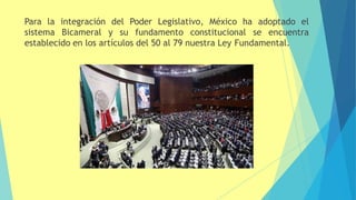 Para la integración del Poder Legislativo, México ha adoptado el
sistema Bicameral y su fundamento constitucional se encuentra
establecido en los artículos del 50 al 79 nuestra Ley Fundamental.
 