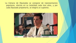La Cámara de Diputados se compone de representantes
populares, electos en su totalidad cada tres años, y por
cada Diputado propietario, se elegirá un suplente.
 