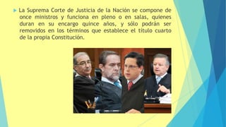  La Suprema Corte de Justicia de la Nación se compone de
once ministros y funciona en pleno o en salas, quienes
duran en su encargo quince años, y sólo podrán ser
removidos en los términos que establece el título cuarto
de la propia Constitución.
 