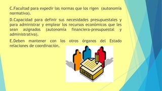 C.Facultad para expedir las normas que los rigen (autonomía
normativa).
D.Capacidad para definir sus necesidades presupuestales y
para administrar y emplear los recursos económicos que les
sean asignados (autonomía financiera-presupuestal y
administrativa).
E.Deben mantener con los otros órganos del Estado
relaciones de coordinación.
 